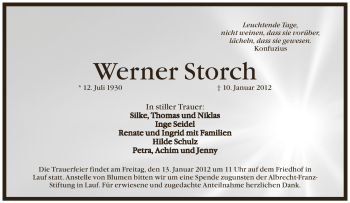 Traueranzeige von Werner Storch von Pegnitz-Zeitung